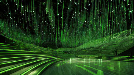 This captivating image showcases a modern interior featuring stunning green lighting, sleek lines, and an artistic design that creates an immersive atmosphere.の素材