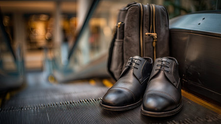 A pair of sleek black leather dress shoes rests on an escalator, accompanied by a stylish backpack, showcasing modern shopping vibes and fashion trends.の素材