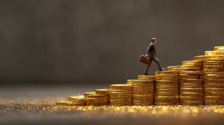 A miniature businessman climbs a stack of gold coins, representing the journey of financial growth, success, and investment opportunities in the economy.の素材