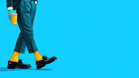 A fashionable man strides confidently while holding a coffee cup, showcasing modern footwear and bright yellow socks, set against a vivid blue backdrop.の素材