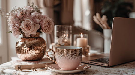 A serene and elegant morning setup featuring a delicate coffee cup, beautiful floral arrangement, soft candlelight, and a sleek laptop on a stylish table.の素材