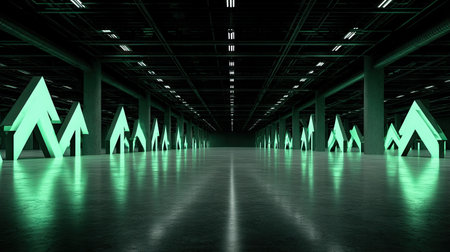 A modern industrial space features vibrant neon green arrows creating a striking visual effect on a reflective floor, emphasizing innovation and design.の素材