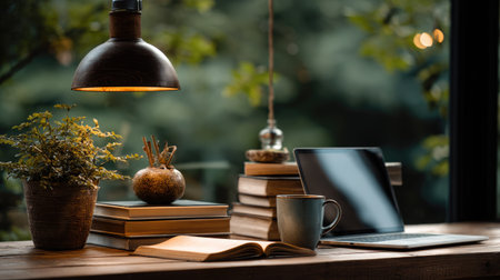 A serene home office scene featuring a laptop, coffee mug, books, and a touch of greenery under soft natural light, creating a cozy workspace ambiance.の素材