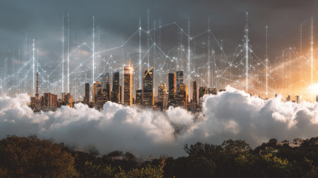 A stunning city skyline emerges from thick clouds under a vibrant sunset, enhanced by digital data visualizations, symbolizing growth and innovation.の素材