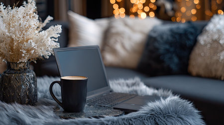 A serene home workspace featuring a laptop, a steaming coffee cup, and soft decorative pillows against a backdrop of twinkling festive lights.の素材