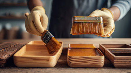 A person in gloves applies varnish with a brush to wooden boxes in a well-lit workshop. This scene captures the artistry and attention to detail involved in woodworking projects.の素材