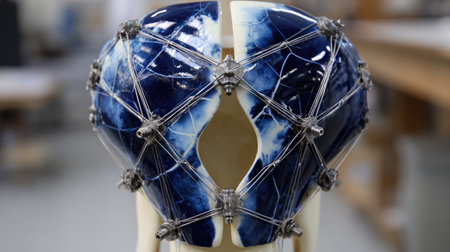 This stunning artwork combines ceramic and metal in a unique design, showcasing the fusion of materials and aesthetics, perfect for art collections.の素材