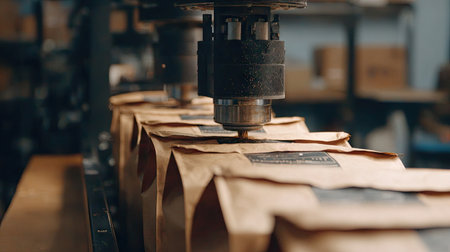 A detailed view of an industrial packing process where machines efficiently seal paper bags in a modern warehouse, highlighting automation and technology in action.の素材