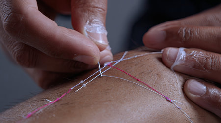 This image captures the intricate process of stitching a wound on skin, showcasing the careful technique and attention to detail involved in medical procedures.の素材