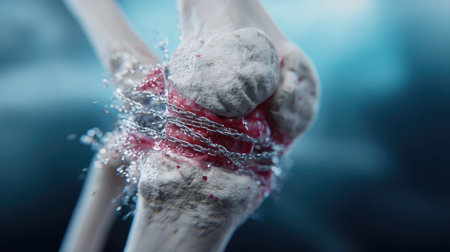 This striking close-up depicts a human knee joint with dynamic fluid interactions, highlighting textures and anatomical details for medical illustration.の素材