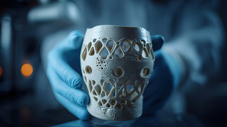 A skilled artisan holds an intricately designed 3D printed ceramic object featuring unique holes and patterns. The object showcases modern craftsmanship and innovation within a workshop setting.の素材