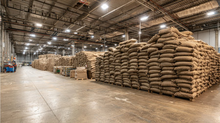 A spacious warehouse filled with neatly stacked burlap bags on pallets. The bright overhead lights illuminate the organized area, creating a productive industrial environment.の素材