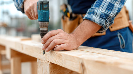 A skilled craftsman demonstrates precision as he uses an electric drill on a wooden beam in his workshop, highlighting expertise and dedication to the craft.の素材