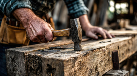 A skilled craftsman focuses intently as he uses a hammer to shape wood on a rugged workbench, surrounded by the essence of traditional woodworking.の素材