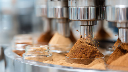 This image captures machinery used for filling jars with ground spices in a clean, automated factory setting, showcasing precision and efficiency in food processing.の素材