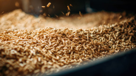 This image showcases a close-up of wood pellets on a conveyor belt in an industrial setting, highlighting the sustainable and eco-friendly energy production process.の素材