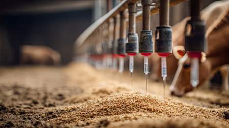 A detailed view of an automatic milking system in a barn setting, showcasing the feeding area with cows in the background and hay on the ground.の素材