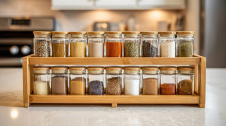 A beautifully organized collection of assorted spices displayed in glass jars on a stylish wooden rack, perfect for enhancing culinary experiences.の素材