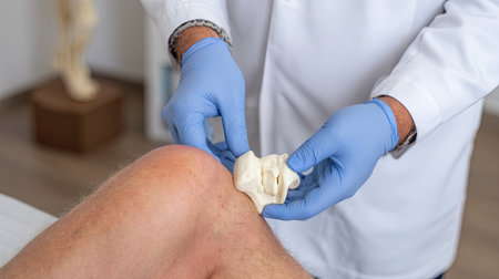 A physiotherapist demonstrates knee anatomy using a detailed model in a clinical setting, enhancing patient understanding of treatment and therapy.の素材