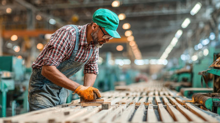 A skilled craftsman focuses on shaping wooden planks in a vibrant factory environment. His attention to detail and precision highlight expert craftsmanship.の素材