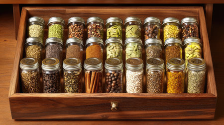 A beautifully organized selection of spice jars neatly arranged in a wooden drawer, perfect for enhancing flavors and adding creativity to any culinary experience.の素材