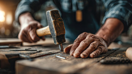 A skilled artisan expertly hammers a nail into a rustic wooden surface in a workshop. The image showcases detailed hand craftsmanship and a warm ambiance.の素材