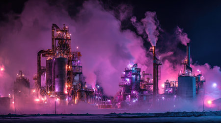 A striking nighttime image of an industrial facility illuminated by colorful lights, capturing billowing smoke against a darkened sky, showcasing energy and technology.の素材