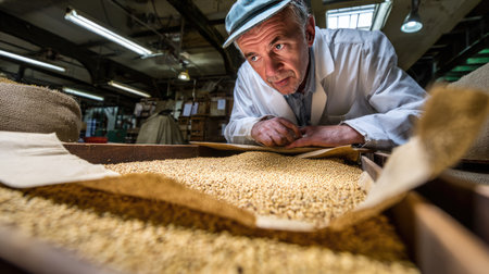 A dedicated expert closely examines the quality of grain in a historic processing facility, showcasing the intricate details and textures of the materials involved.の素材