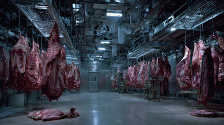 A detailed view of an industrial meat processing facility showcasing hanging cuts of meat in a clean and sterile environment, emphasizing the butchery process.の素材