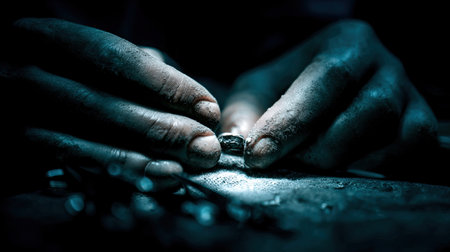 This close-up image captures artisan hands skillfully crafting metal in a dimly lit workshop, emphasizing the intricate details and dedication involved in the art of craftsmanship.の素材