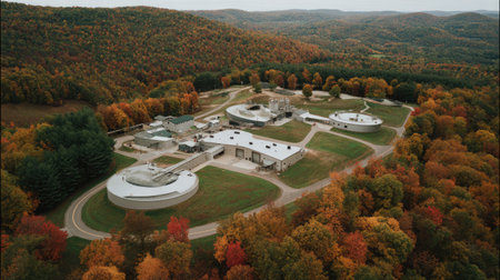 Captivating aerial perspective showcasing a modern facility nestled in a hillside adorned with vibrant autumn colors, highlighting nature and serenity.の素材