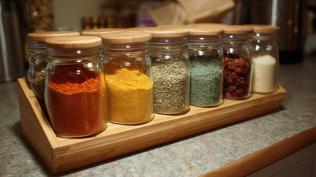A beautiful arrangement of colorful spices displayed in glass jars on a wooden rack, perfect for enhancing culinary creations in a kitchen environment.の素材