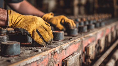 A close-up view of a worker's hands in yellow gloves operating machinery in an industrial factory. The focus on details highlights the hands-on craftsmanship and commitment to quality in the production process.の素材