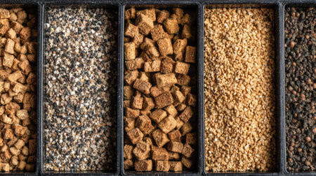 This image showcases an assortment of various granulated ingredients displayed in organized trays, ideal for culinary presentations and food preparation.の素材