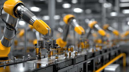 A detailed view of advanced robotic arms in a modern manufacturing facility, showcasing automation technology, precision assembly, and manufacturing efficiency.の素材