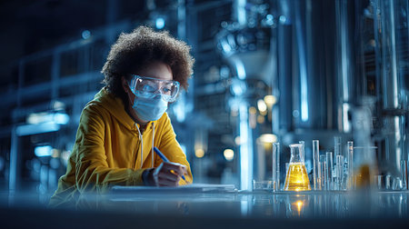 A focused scientist in a yellow jacket and safety gear writes notes in a modern laboratory filled with glassware and intricate equipment, showcasing dedication to research.の素材