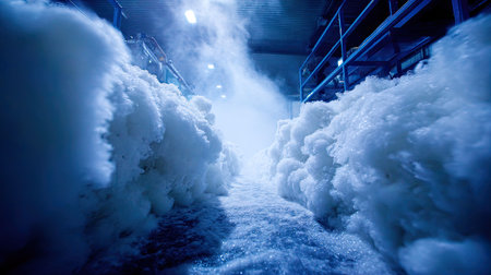 This captivating image showcases thick white foam amidst a cool blue industrial atmosphere, creating a striking visual contrast in a manufacturing setting.の素材