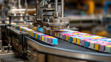 A close-up shot of an industrial production line featuring colorful boxes moving along a conveyor belt, highlighting modern manufacturing technology in action.の素材