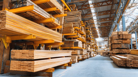 This image showcases an organized lumber warehouse filled with various types of wood stored on industrial shelving. Bright lighting and spacious walkways enhance the work environment.の素材