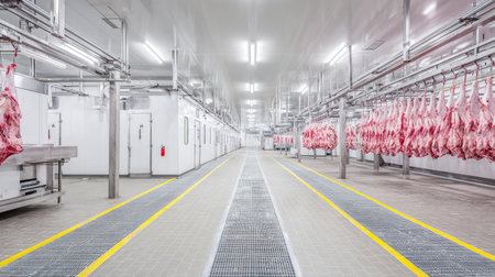 A spacious and hygienic meat processing facility showcasing hanging cuts in a well-lit interior. The design emphasizes cleanliness and efficient workflow.の素材