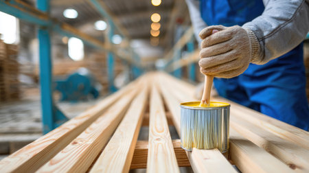 A focused worker is applying paint to wooden planks in a workshop setting. The scene captures the essence of craftsmanship and renovation, showcasing tools and materials in a well-lit environment.の素材