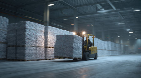 A forklift operator skillfully maneuvers through a dimly lit industrial warehouse, transporting pallets of building materials. The scene highlights the efficiency of nighttime operations in logistics and storage.の素材