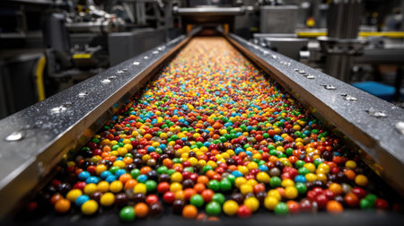 Captivating view of a conveyor belt filled with colorful candy, showcasing the vibrant assortment during a modern production process.の素材