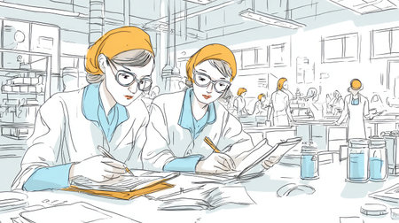 Two female scientists focus on their research in a busy laboratory, showcasing teamwork and dedication while analyzing data and writing notes.の素材