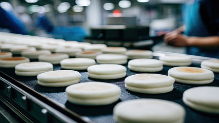 A close-up of traditional pancakes being produced on a conveyor belt in a busy industrial kitchen, showcasing the streamlined process of baking.の素材
