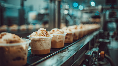 A captivating view of delicious ice cream cups moving along a conveyor belt in a modern factory setting, showcasing the industrial process of dessert production.の素材