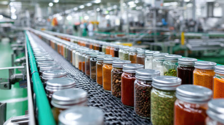Captured within a modern food processing facility, this image showcases an orderly arrangement of colorful spice jars on a conveyor belt, emphasizing efficiency and organization in production.の素材