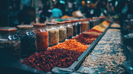 Vibrant market scene featuring an array of spices displayed in jars, showcasing rich colors and textures that highlight the culinary diversity. Perfect for food lovers.の素材