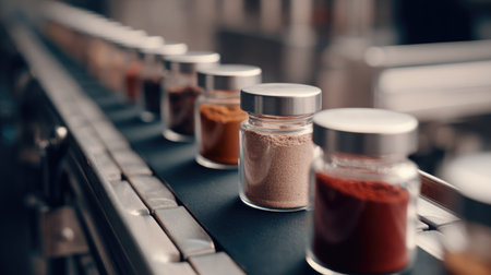 A close-up view of neatly arranged spice jars on a conveyor belt, highlighting the modern techniques in food processing and ingredient packaging.の素材
