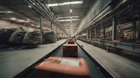 A dynamic view of an efficient warehouse interior featuring a conveyor belt transporting packages, highlighting the workflow and logistics processes.の素材